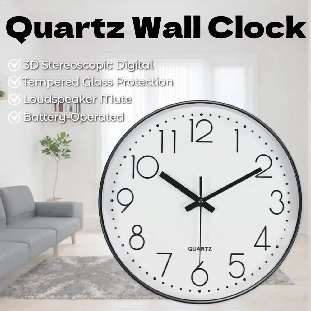 Quartz wall clock with tempered glass, large round white face and bold black numerals.