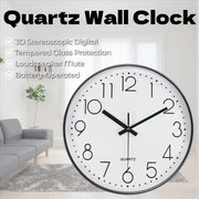 Quartz wall clock by Simples Market with white face, black numerals and hands, tempered glass, battery-operated.