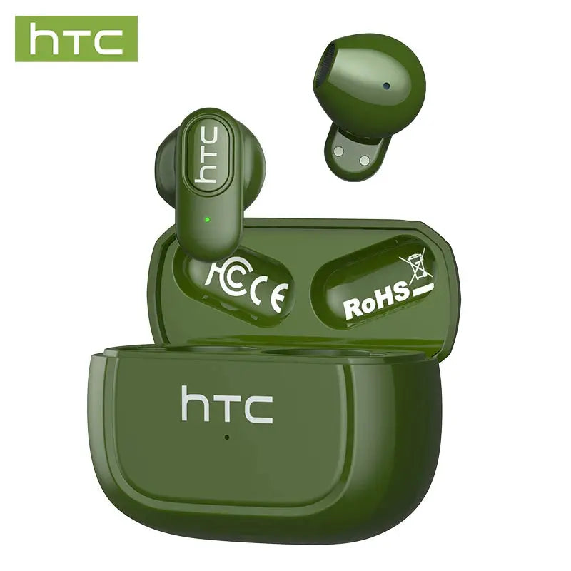 HTC NE51 wireless earbuds in green with charging case