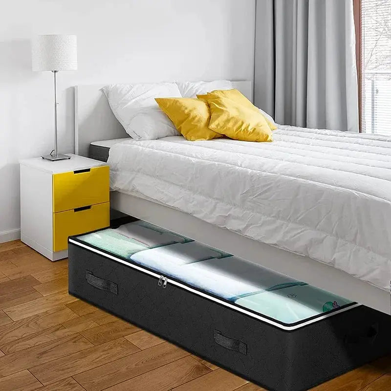 Underbed quilt storage bag, black non-woven foldable box with clear lid and zipper