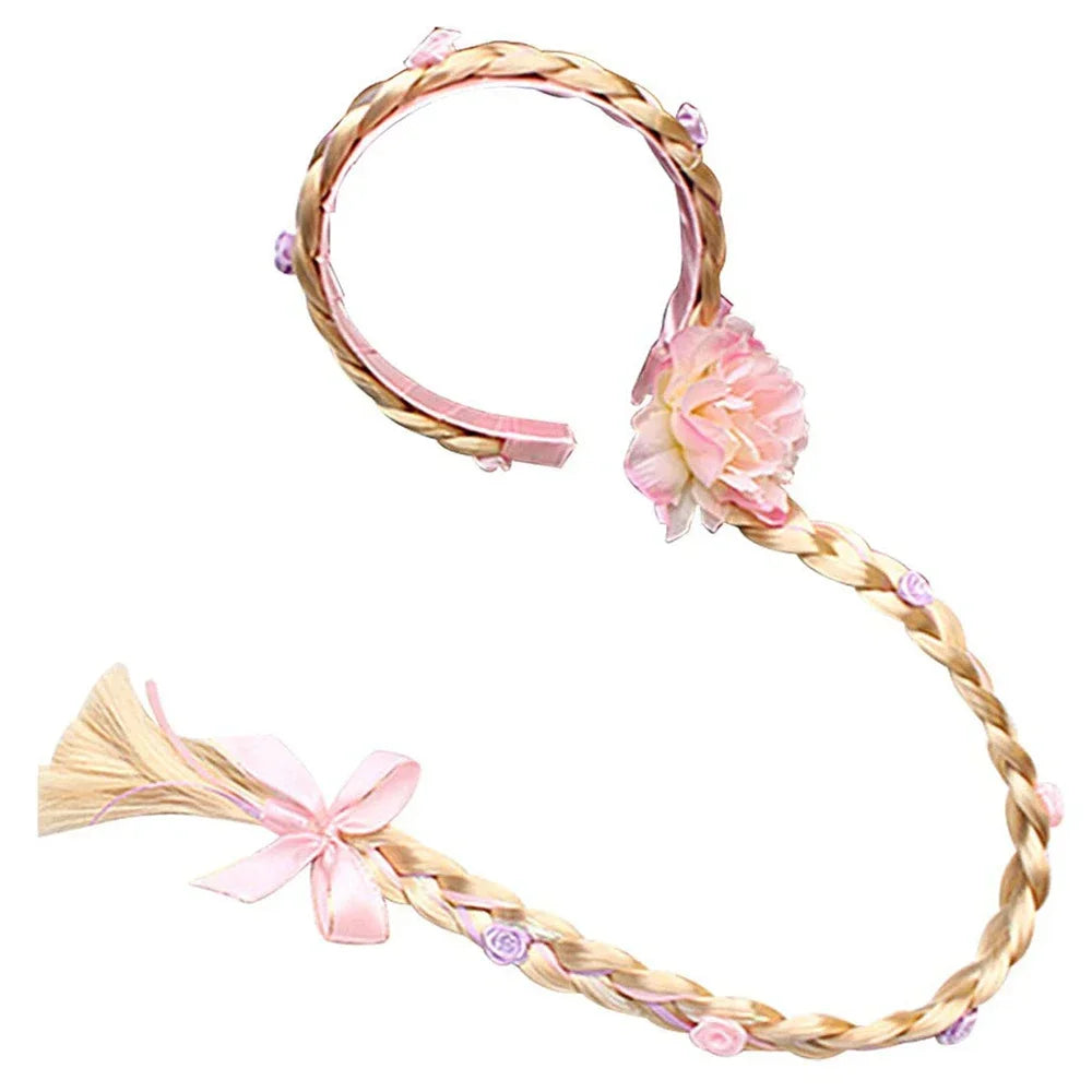 Simples Market princess Rapunzel braided wig headband with pink flower embellishments for girls' costume