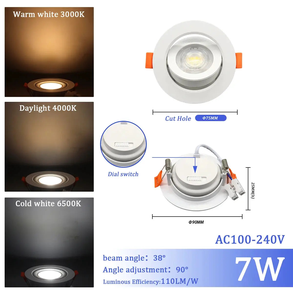 Simples Market LED recessed ceiling spotlight, 7W, adjustable 90°, 3 CCTs (3000K/4000K/6000K), AC110-240V, 38° beam