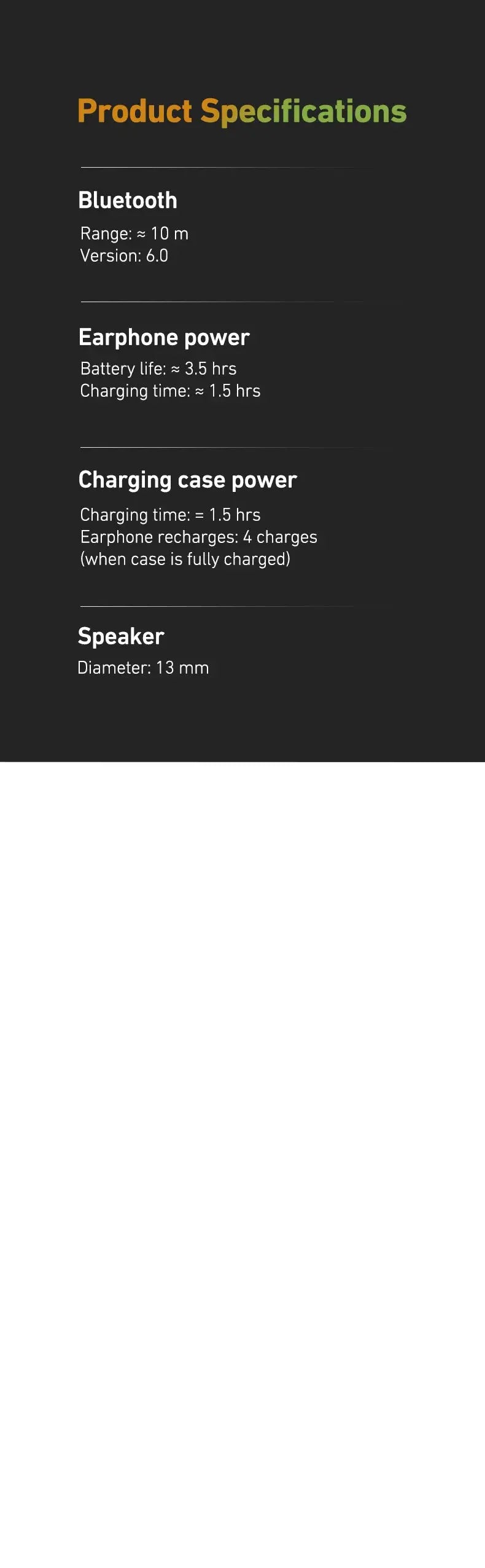 HTC NE48 TWS wireless earbuds; Bluetooth 6.0, 13 mm driver, range ~10 m, battery life ~3.5 hrs, case recharge ~1.5 hrs
