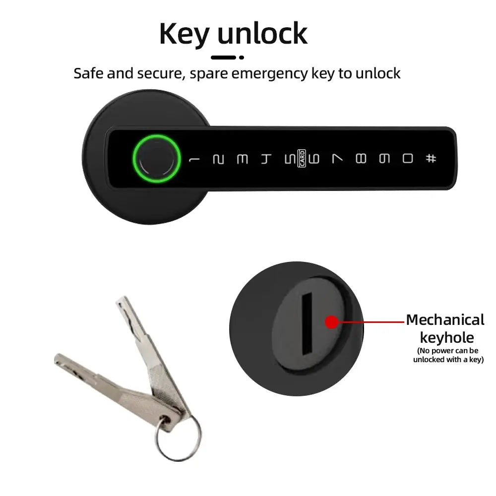 RAYKUBE M5 fingerprint door lock by Simples Market, black touchscreen with green ring, mechanical keyhole and metal key