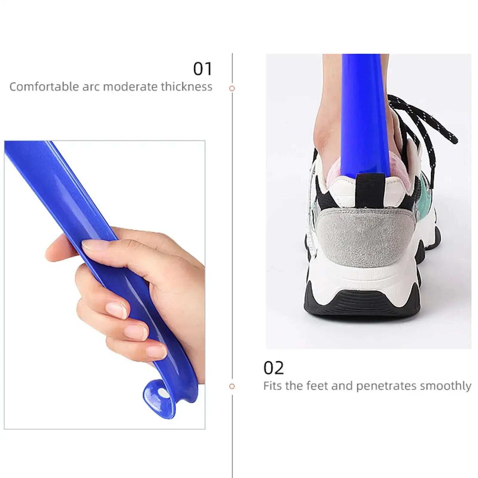 Simples Market blue plastic extra-long shoehorn with hanging loop, shown used with a sneaker