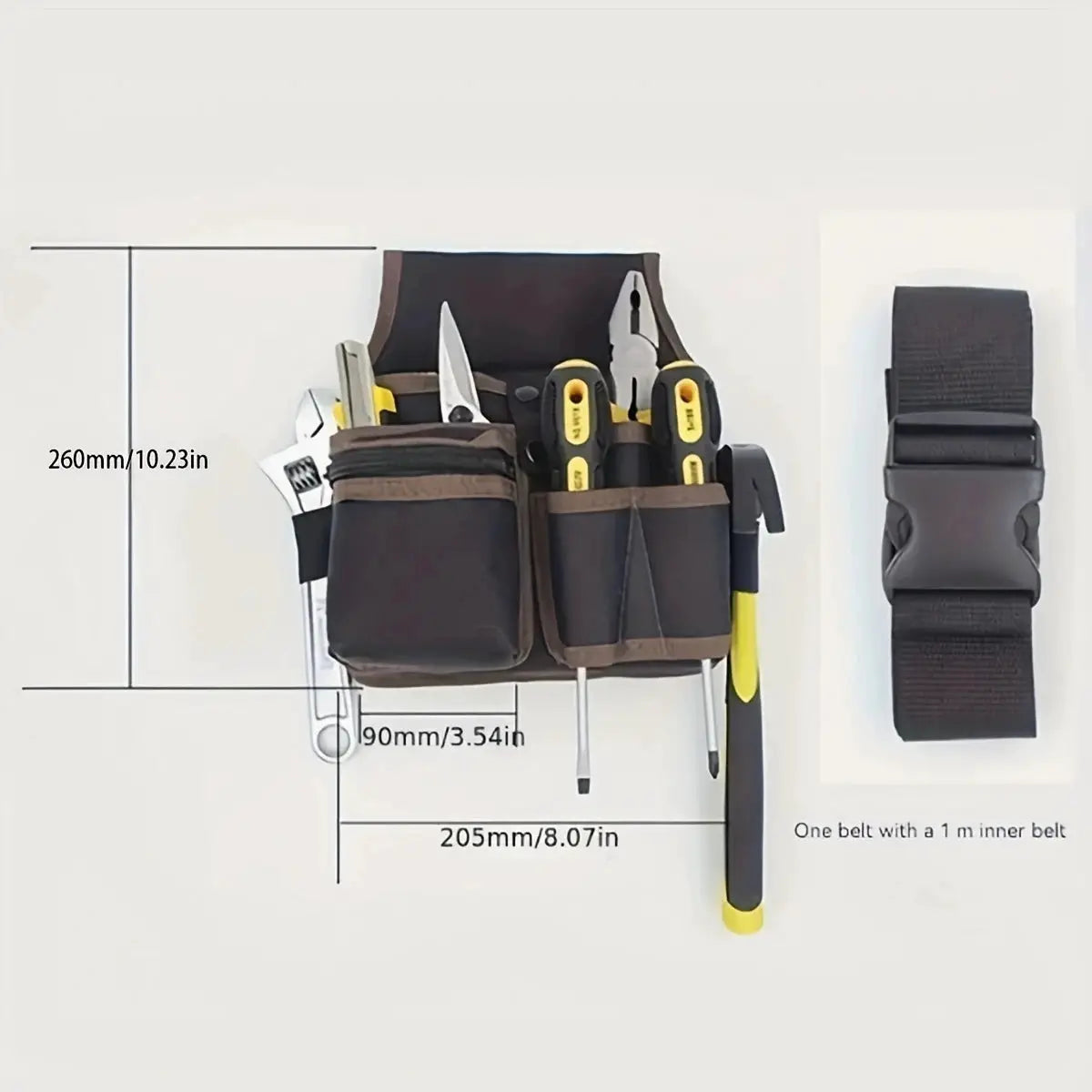 Simples Market multi-pocket electrician's waist-hanging tool bag with belt, black with brown trim.