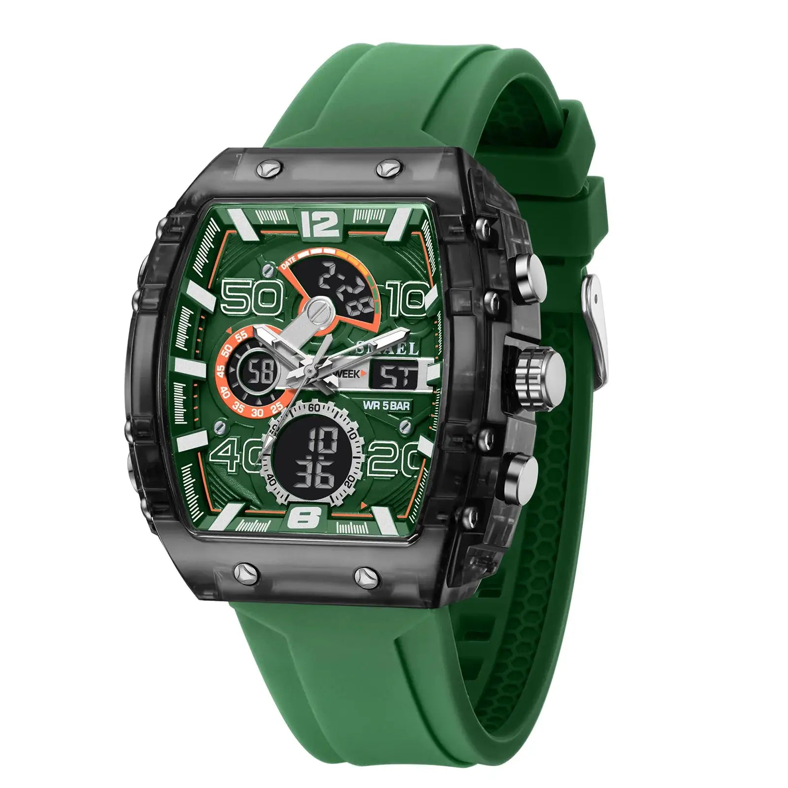 SMAEL 8109 men's square dual-display sport watch with green silicone strap