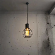 Industrial retro iron art pendant light with black metal cage frame and warm Edison bulb