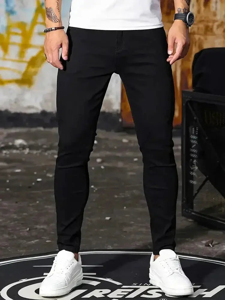 Men's stretch skinny black denim jeans, Simples Market, slim fit streetwear pants.