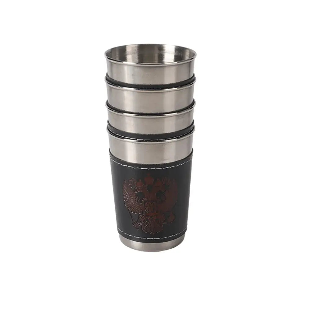 4-piece stainless steel travel cup set with black PU leather sleeves, stackable for camping