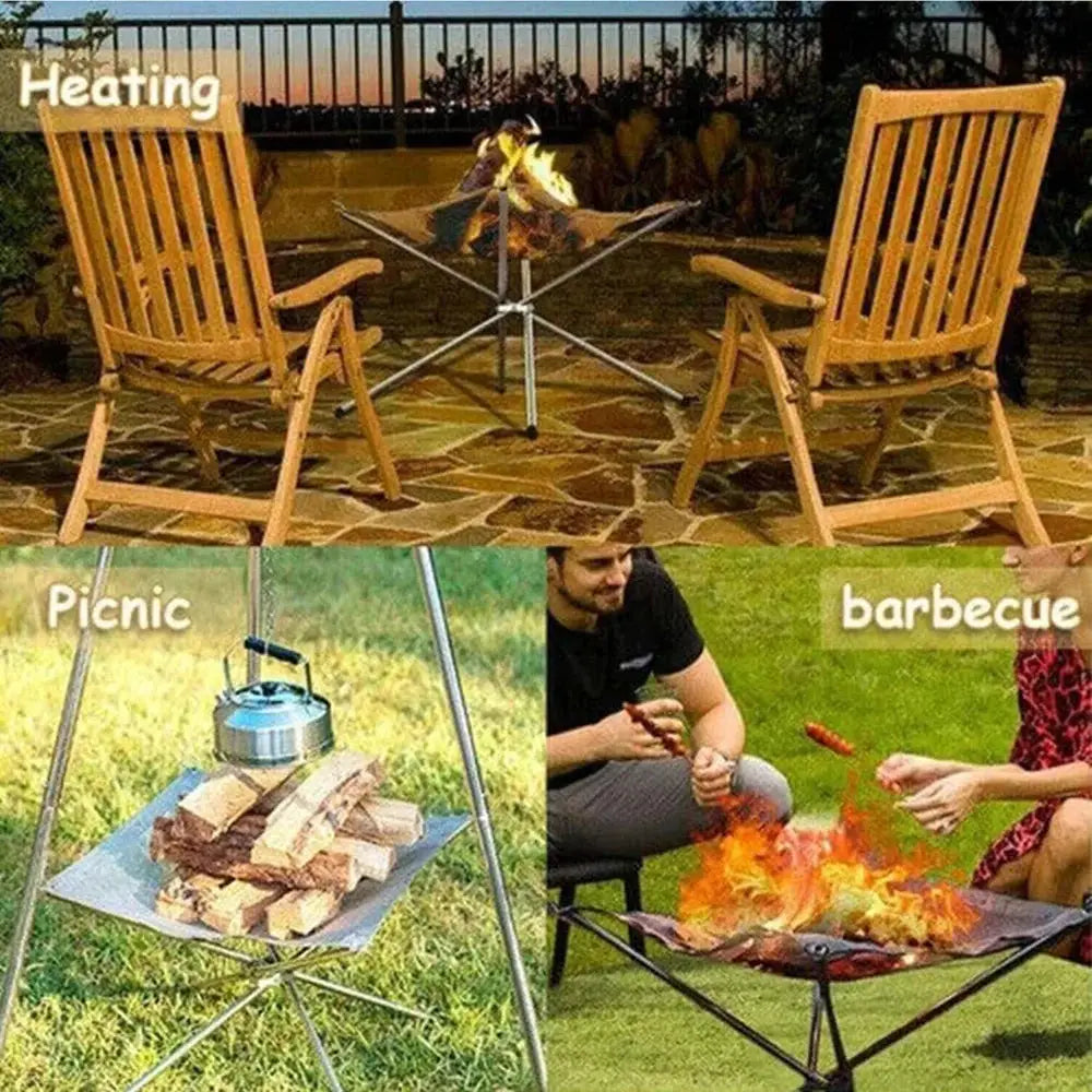 Outdoor BBQ bonfire rack portable stainless steel fire pit grill on foldable cross-leg frame beside wooden chairs