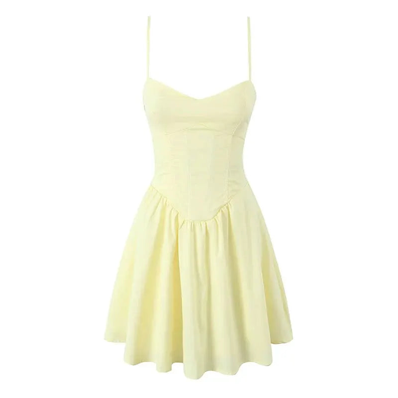 Yenkye Sexy Elegant Fishbone Waist Mini Dress Yellow Lace Up Back