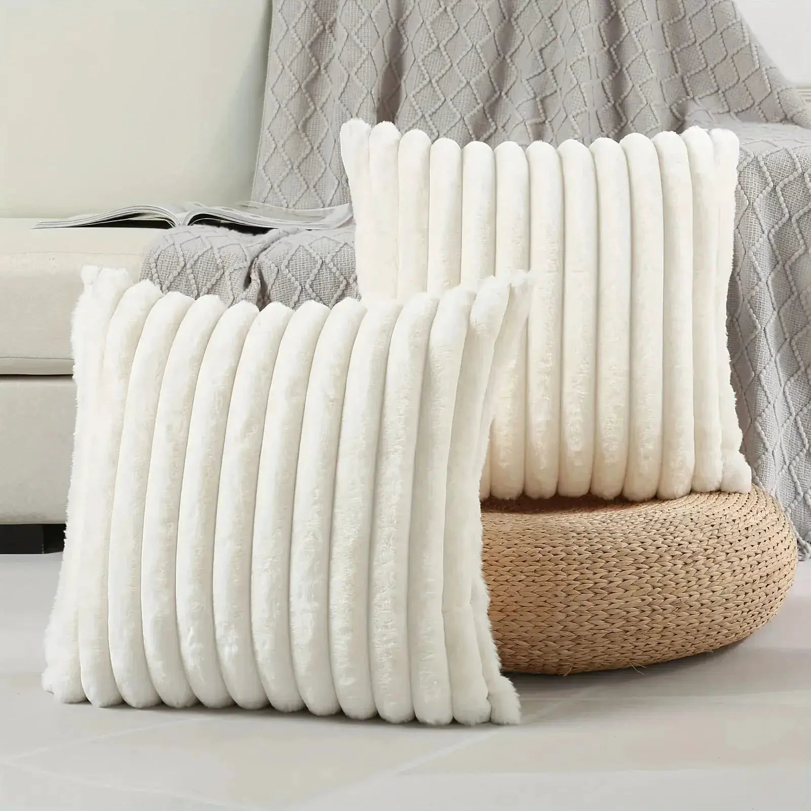 Pillow covers white stripe corduroy, plush ribbed fabric for sofa or bedroom decor; two pieces by Simples Market