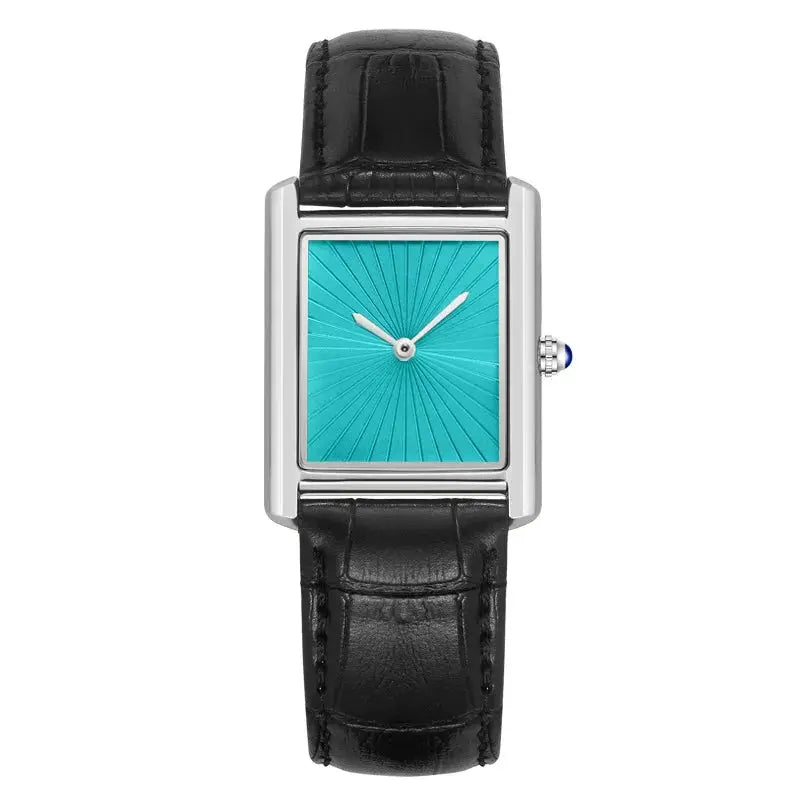 Simples Market square watch with turquoise dial, silver case and black leather strap