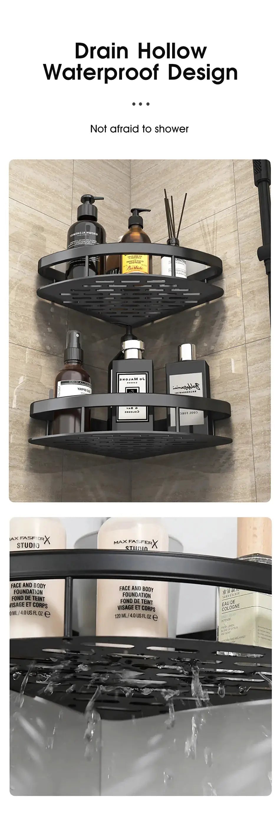 Simples Market black metal bathroom corner shower rack, no-drill wall-mount, two-tier shelf for shampoo and toiletries
