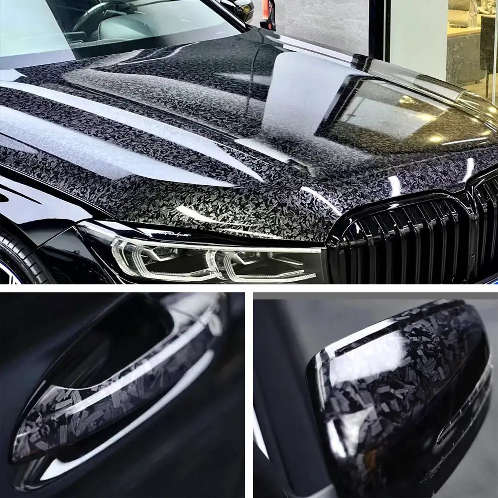 9D carbon fiber car wrap sticker, glossy black self-adhesive vinyl for exterior anti-scratch decoration.