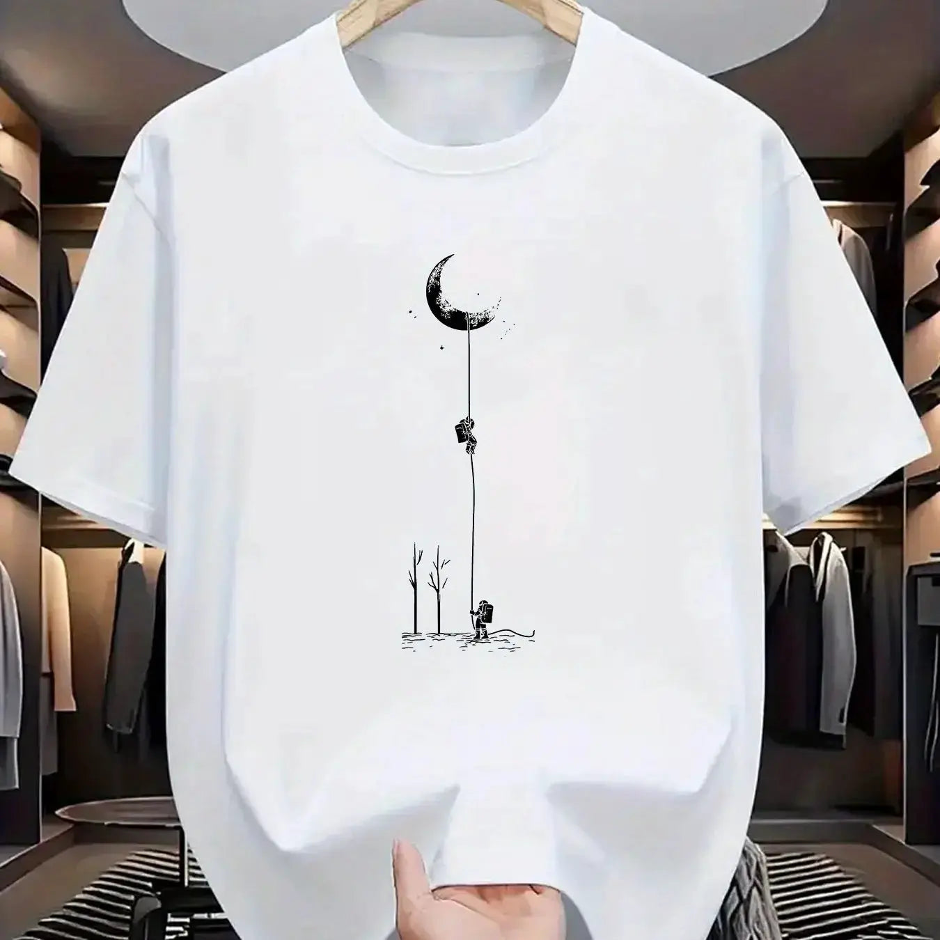 Summer Men's 100 Percent Cotton Casual Loose Fit Plus Size Moon Landing Pattern T Shirt Round Neck Short Sleeve