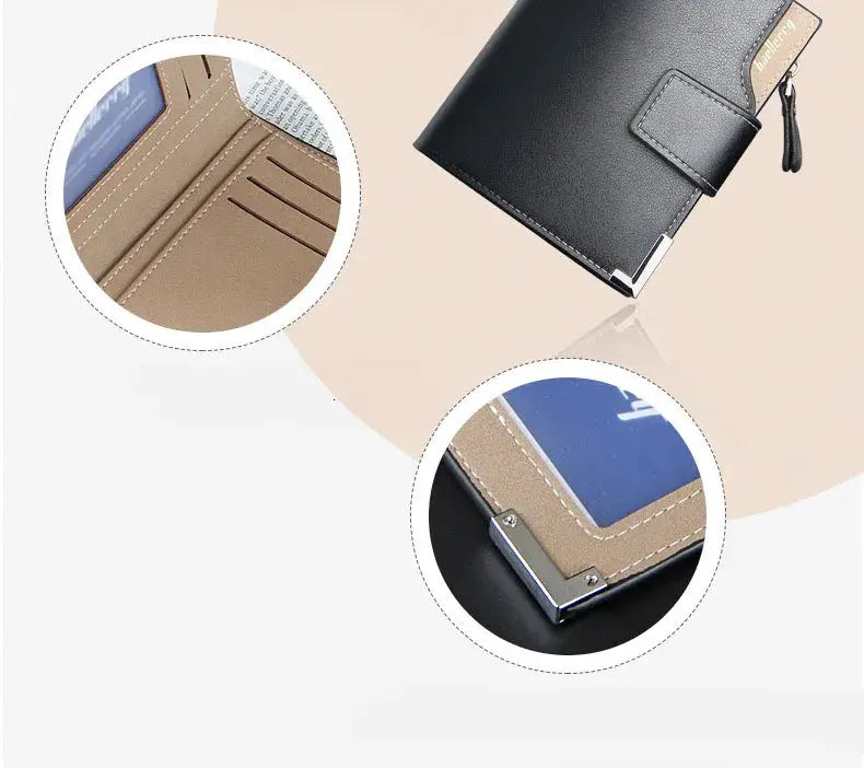 Baellerry short luxury men's wallet with zipper coin pocket and multiple card slots, black exterior tan interior