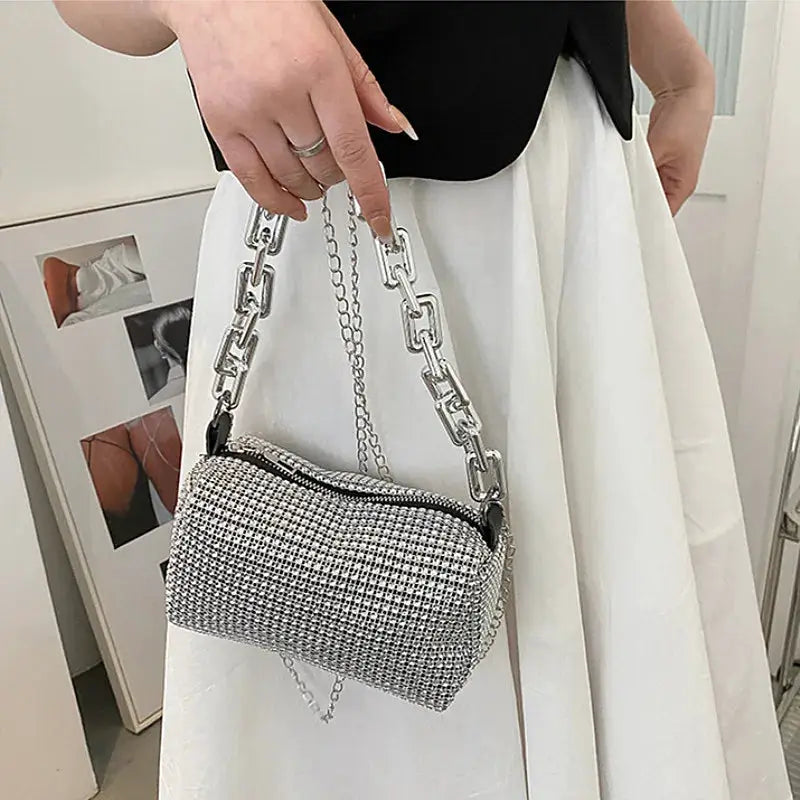 Allover Rhinestone Bucket Bag With Glitter Chain Prom Purse, Women's Mini Crossbody Bag