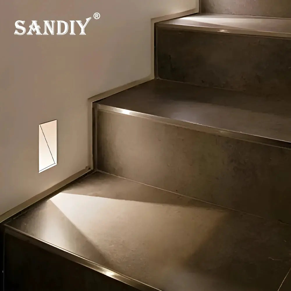 SANDI sensor wall sconce LED step light with motion sensor, frameless white panel on stair wall, Simples Market