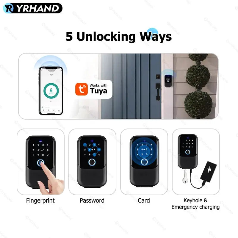 YRHAND TTlock smart lock; black, fingerprint, password, card, keyhole, emergency charging; Tuya compatible