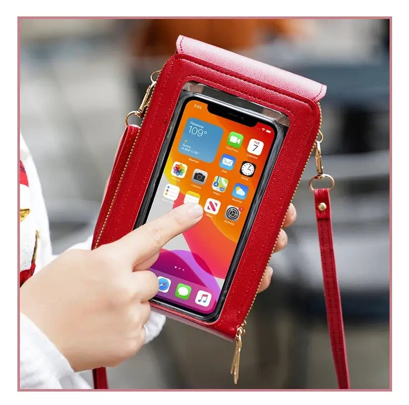 Red Crazy Bag crossbody phone bag with transparent touchscreen window and card holder