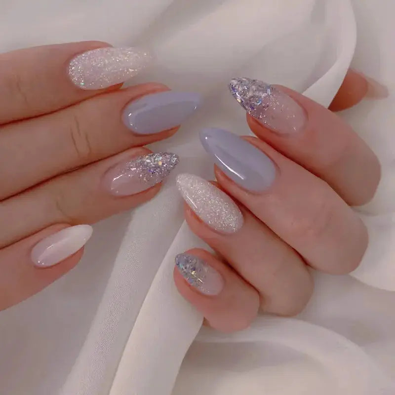Glamora French Almond False Nails 24 Piece Press On Stiletto Tips With White Edge Design Glue Included For Wearable Glam