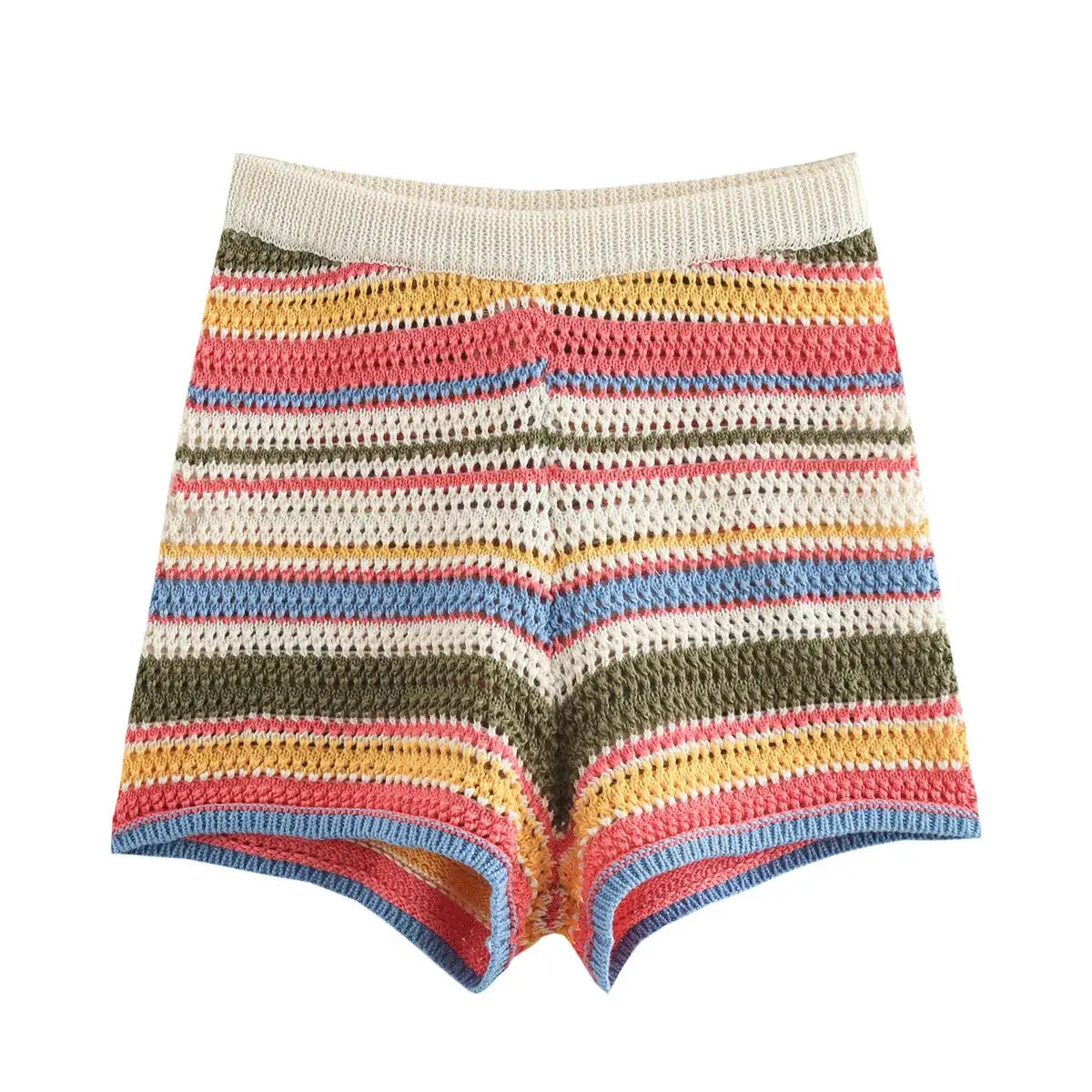 Women Patchwork Striped Crochet Knit Set Polo Collar Shorts Y2K Style