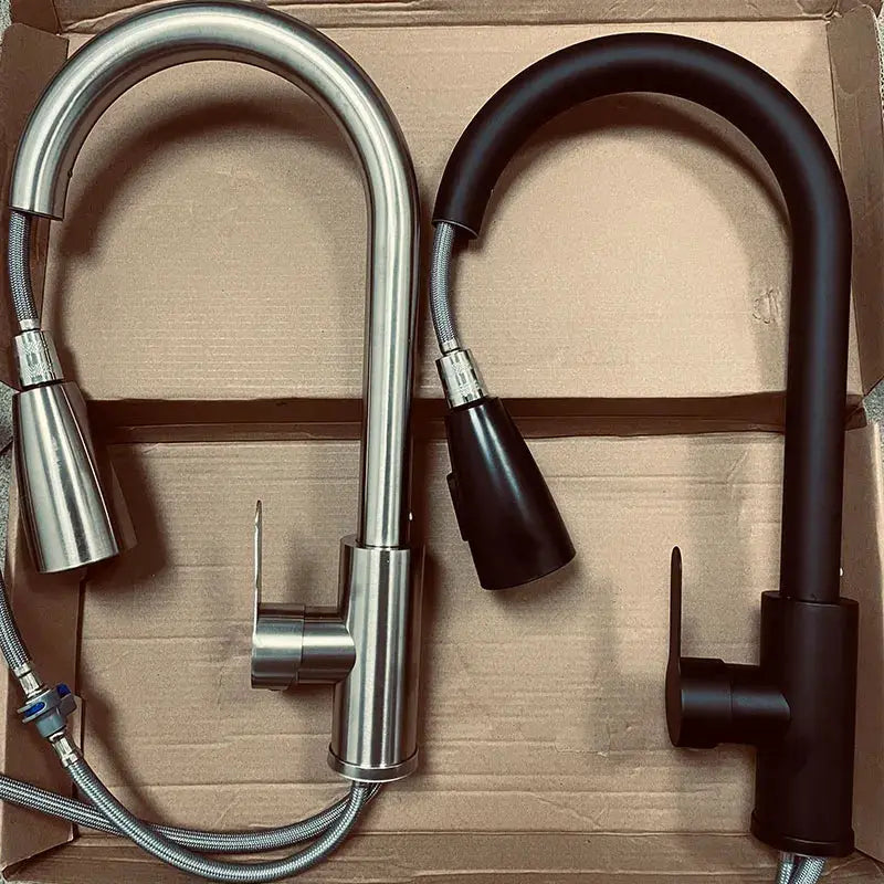 Two kitchen pull-out faucets in brushed nickel and black matte finishes with braided hoses.