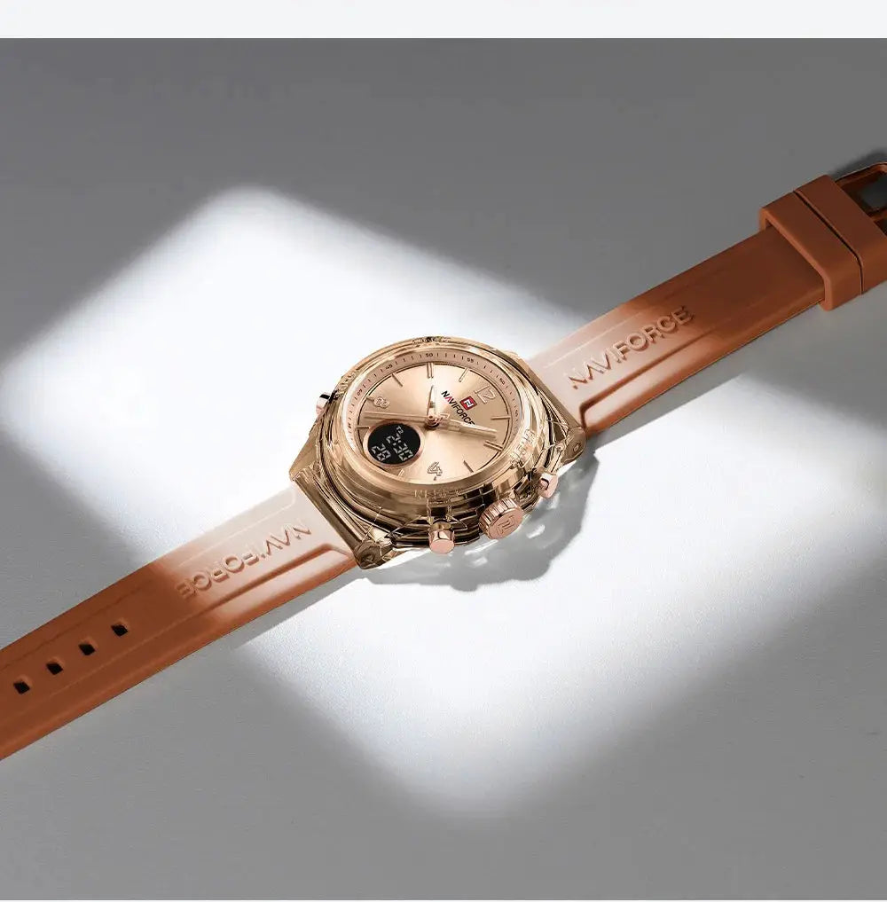 NAVIFORCE women's sport watch with rose-gold case and pink rubber strap, dual time display