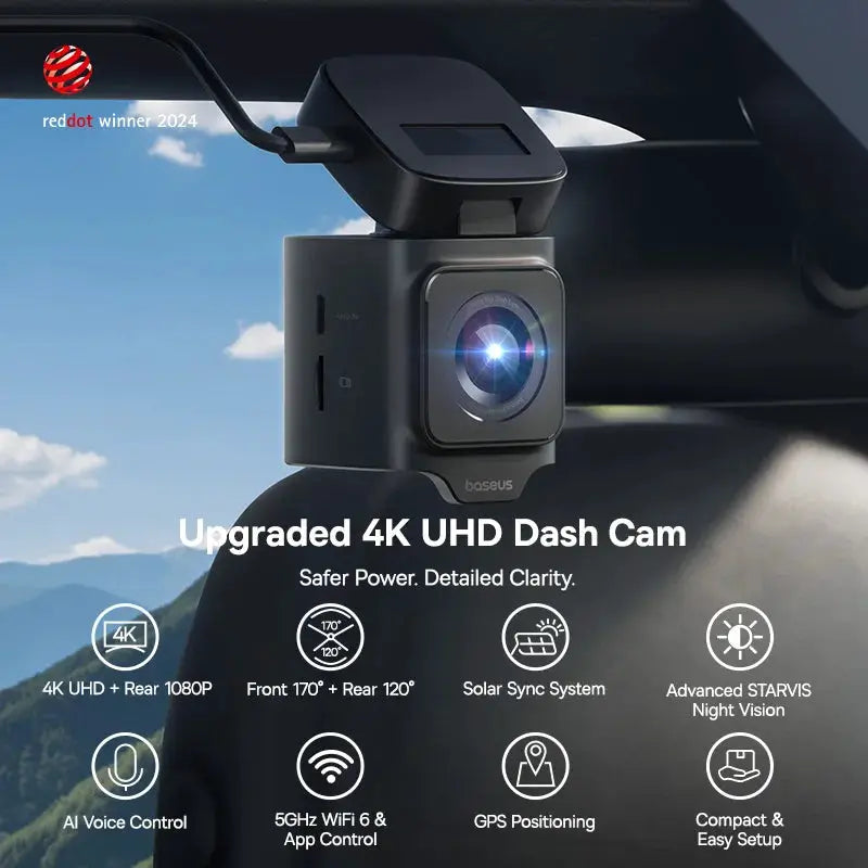 Baseus 4K UHD dash cam VD1 Pro, front and rear car camera mounted on windshield