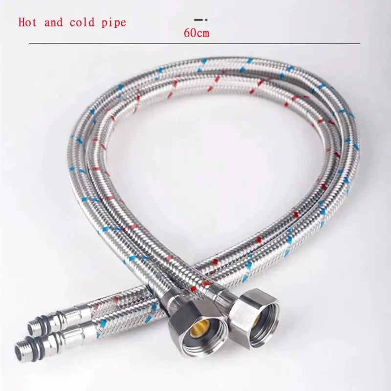 Braided hot and cold water supply hoses, 60cm, set of two with hex fittings for deck-mounted bathroom faucet.