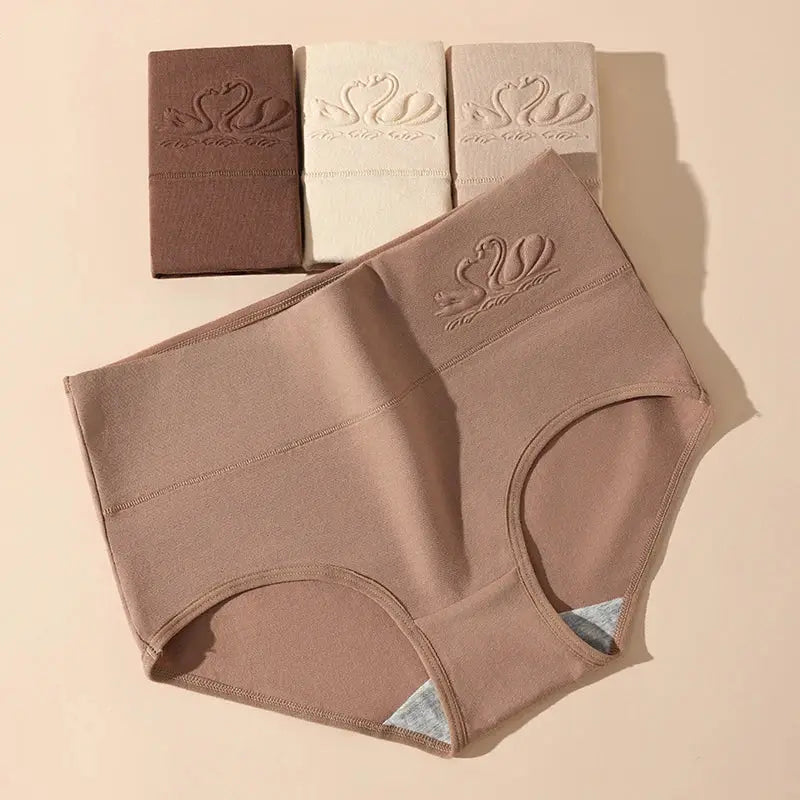 High waist body shapewear panties; Simples Market 5-piece display in brown, cream, and taupe with breathable cotton fabric.