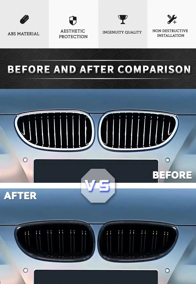 Car front bumper grille, gloss black double-slatted kidney for BMW E60/E61 5 Series (2003-2009) Simples Market