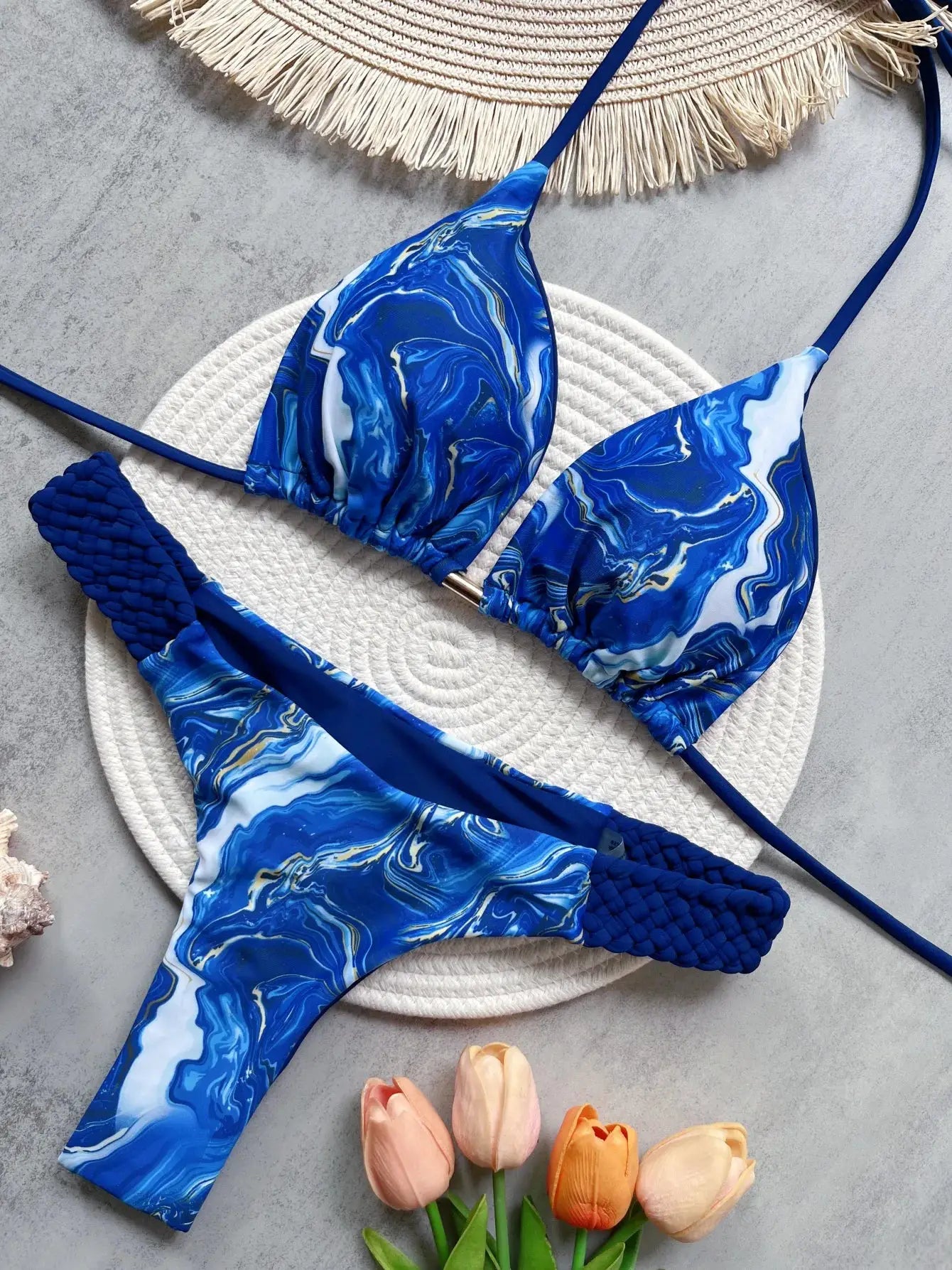 RUOTONSEPT blue marbled print halter bikini set with high-cut thong bottoms, two-piece swimwear
