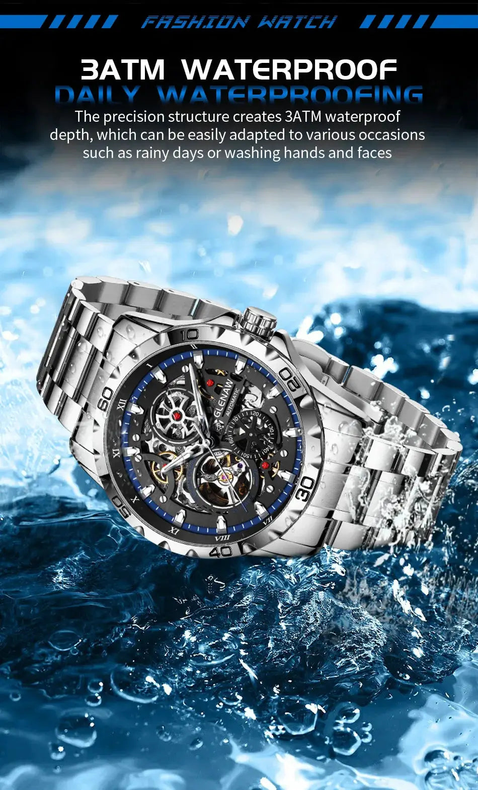 Glenaw skeleton men's stainless steel strap watch with blue bezel and luminous hands, automatic movement