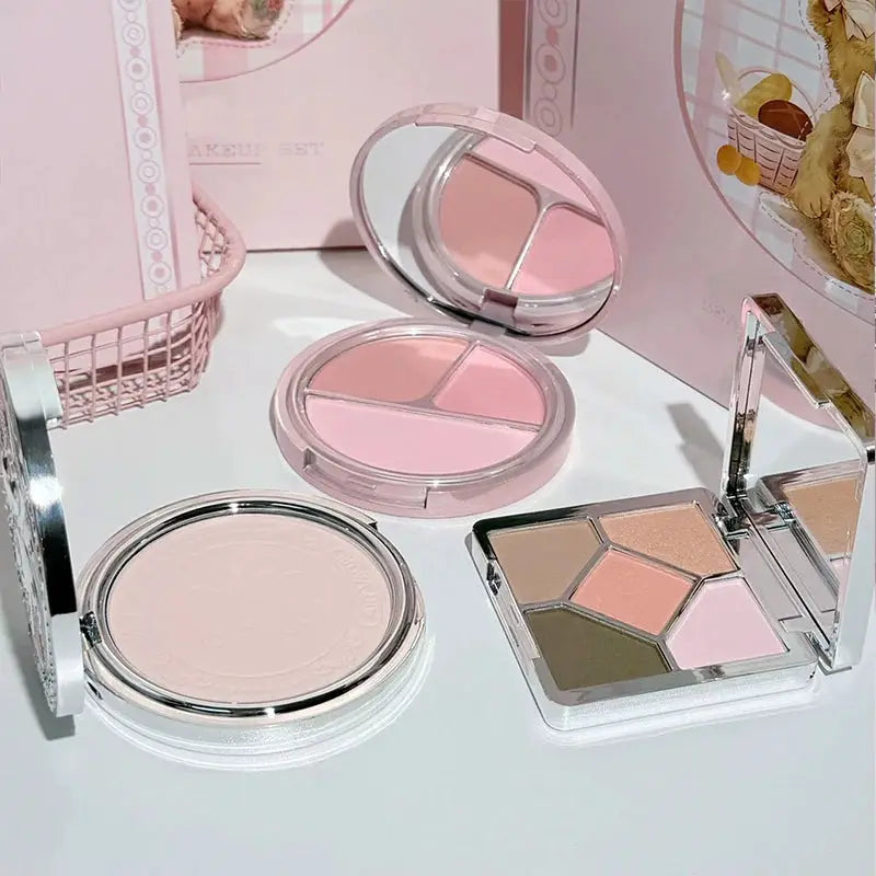 Art Value 7 Piece Makeup Set With Matte Lip Mud In Three Colors Pressed Powder Blush Eye Palette And Necklace