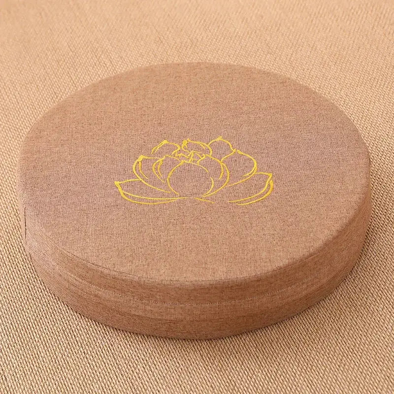 Meditation cushion round brown linen pillow with yellow lotus motif, 40x6cm, removable washable