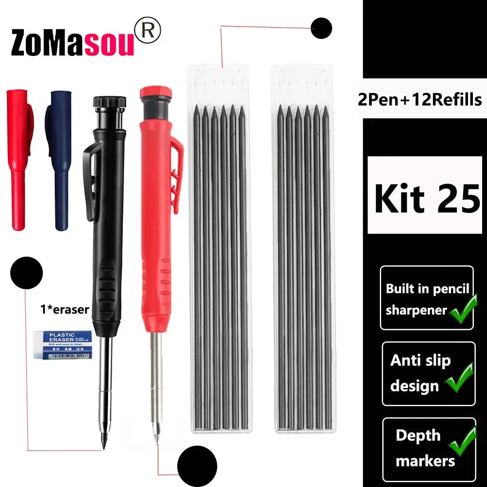 Simples Market carpenter mechanical pencil set with red and black pens, 2 pens + 12 refills, built-in sharpener, depth markers