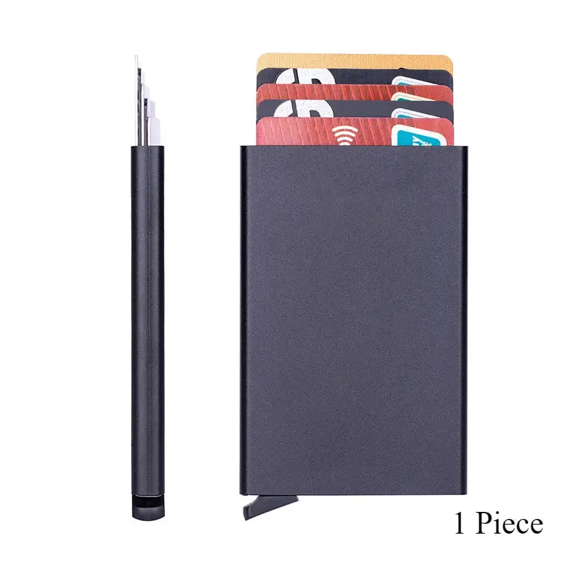 Metal RFID card holder wallet, slim black finish with pop-up card slot and visible cards