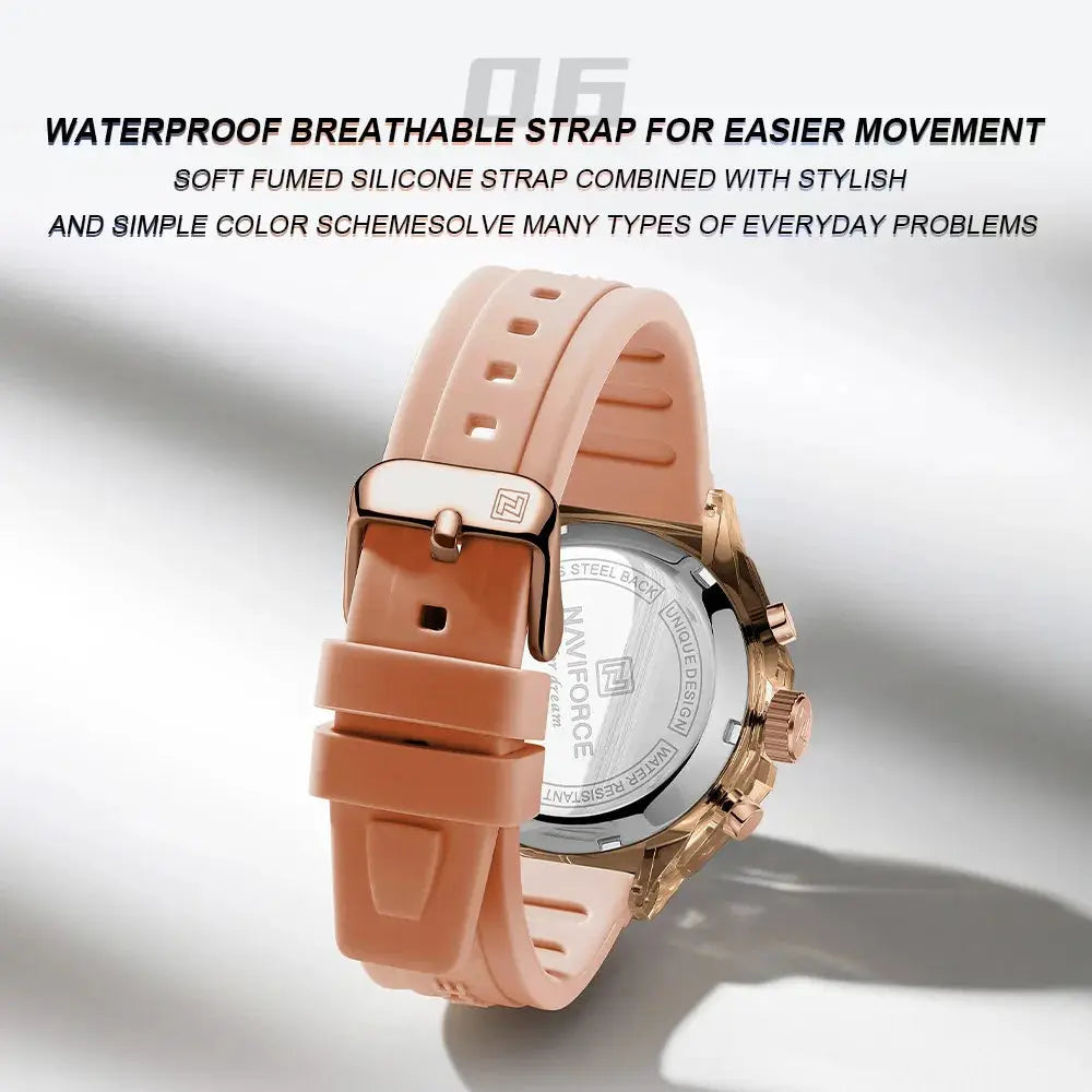 NAVIFORCE women's watch with peach-pink silicone strap and rose-gold case