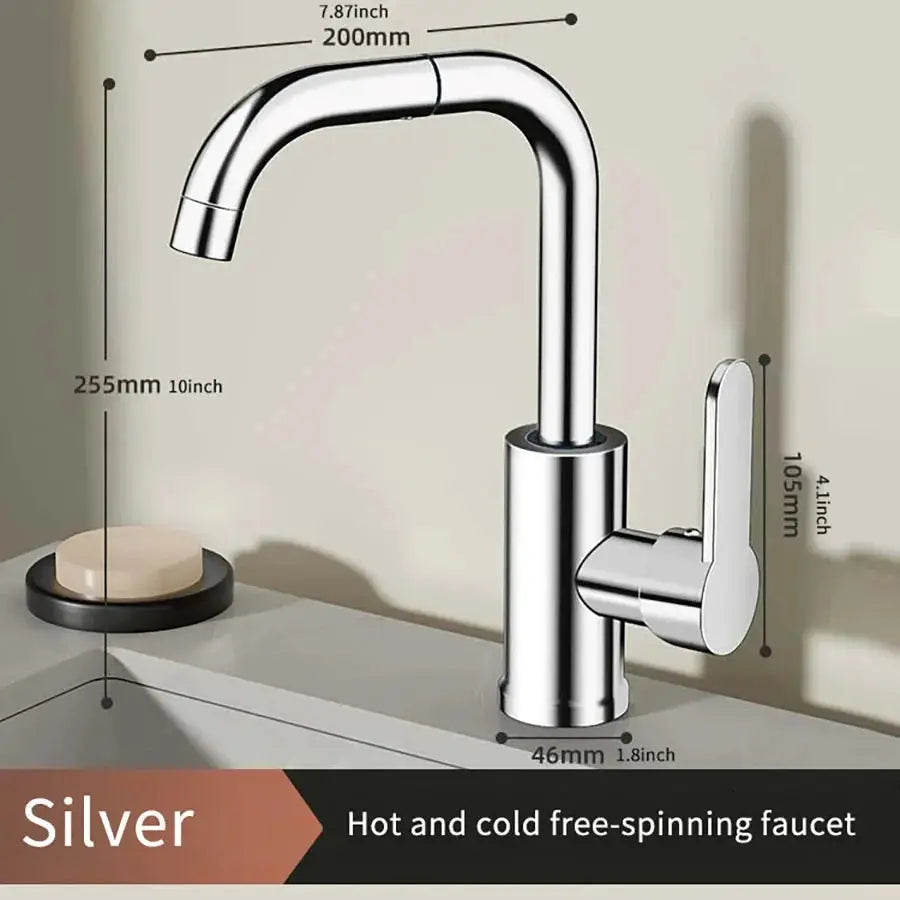 Faucet in chrome finish, 360° free-rotation hot and cold mixing faucet with lever handle and tall arched spout.