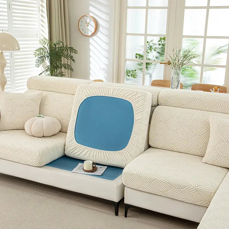 Simples Market thick plush sofa cover with elastic edges in beige, pet protector for living room furniture.