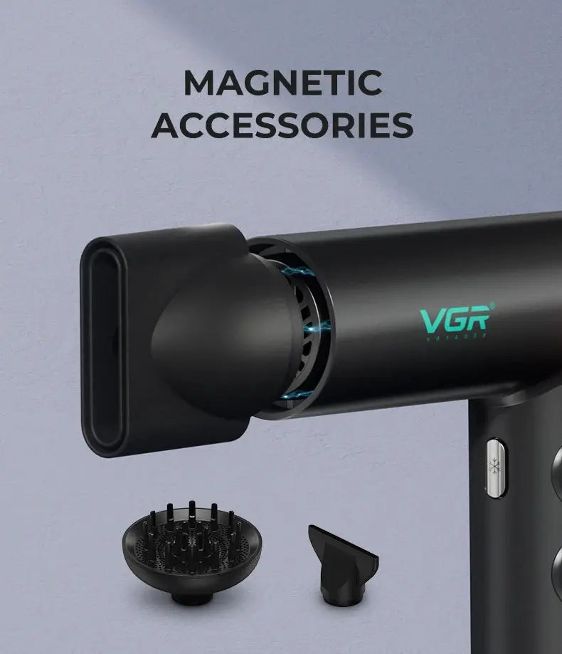 VGR professional hair dryer with magnetic accessories, black finish, diffuser and concentrator attachments.