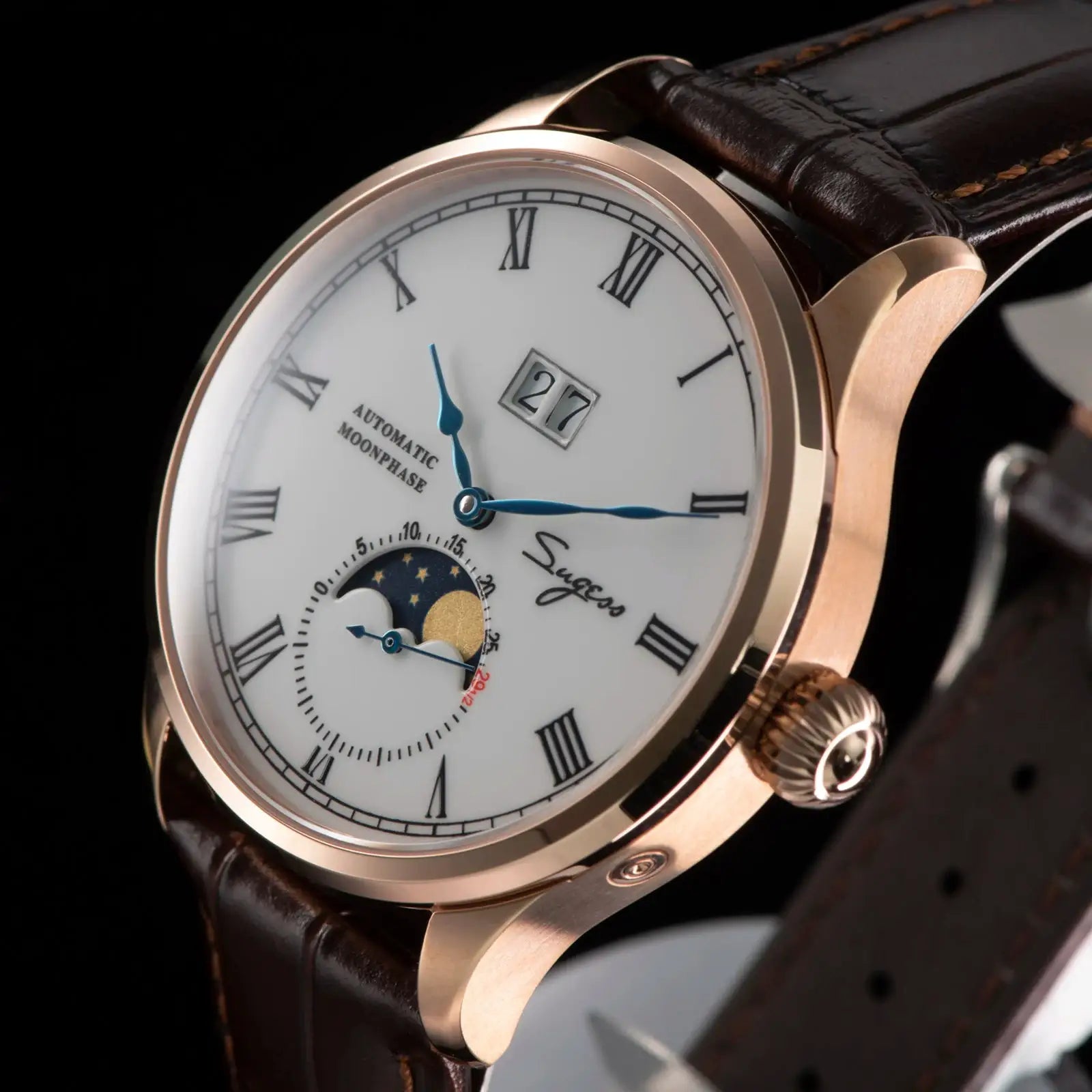 Sugess Tianjin ST25 automatic moonphase watch for men with a rose-gold case, blue hands and brown leather strap
