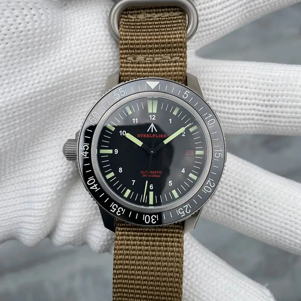 STEELFLIER SF783 automatic diver watch with ceramic bezel, black dial, luminous markers, date at 3, brown nylon strap
