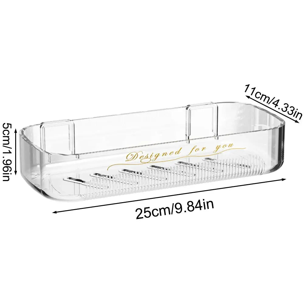 Clear acrylic bathroom storage rack for cosmetics, 25cm long, 11cm wide, 5cm high.