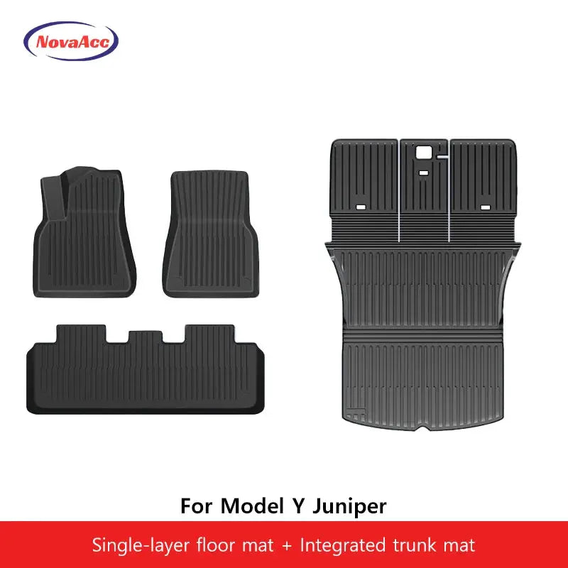NovaAcc floor and trunk mat set for Model Y Juniper, 2 front mats + trunk mat, black TPE, all-weather, Simples Market