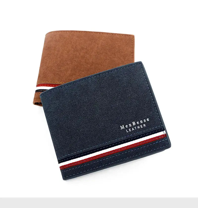 Two short men's wallets in navy blue and brown PU leather with red-white stripe detail.
