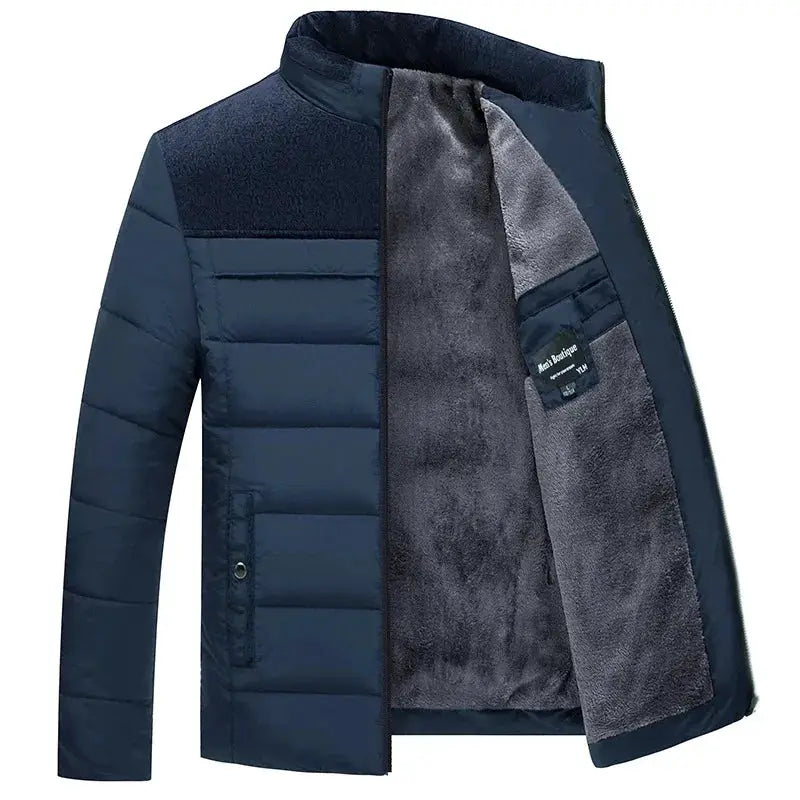 Men's puffer jacket by Simples Market; navy quilted coat with plush gray lining and stand collar